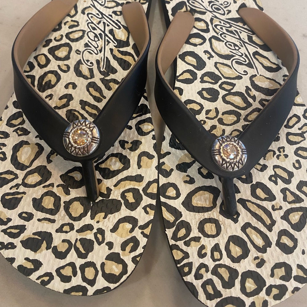 Brighton Leopard Print Flip Flops with Black Straps